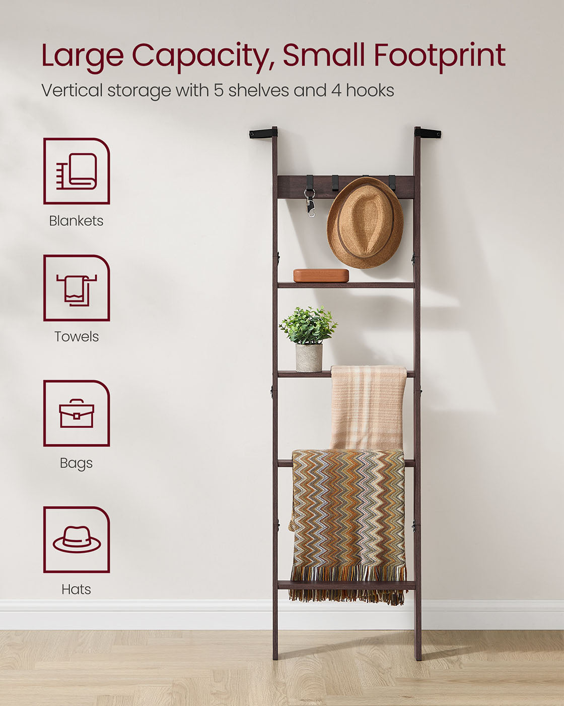 Blanket Ladder 5-Tier Ladder Shelf 4 Removable Hooks Maroon Brown - Maroon Brown