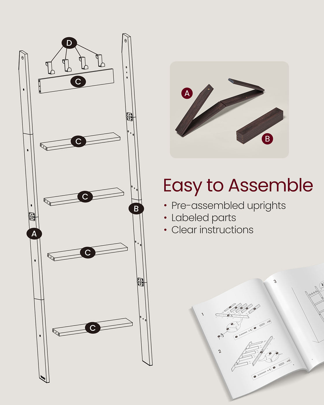 Blanket Ladder 5-Tier Ladder Shelf 4 Removable Hooks Maroon Brown - Maroon Brown