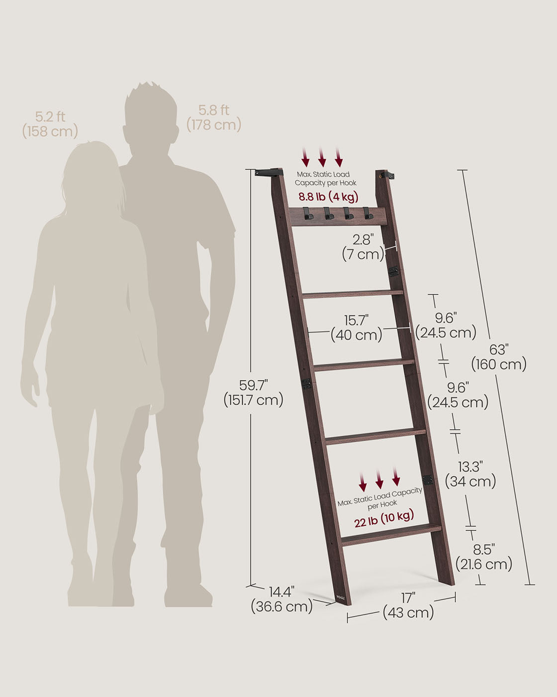 Blanket Ladder 5-Tier Ladder Shelf 4 Removable Hooks Maroon Brown - Maroon Brown
