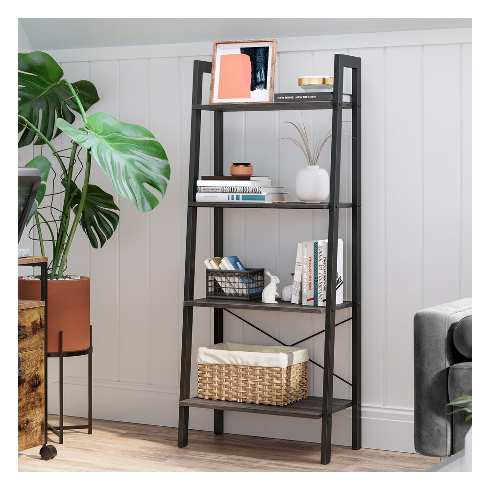4-Tier Ladder Shelf with Steel Frame - Charcoal Gray, Black
