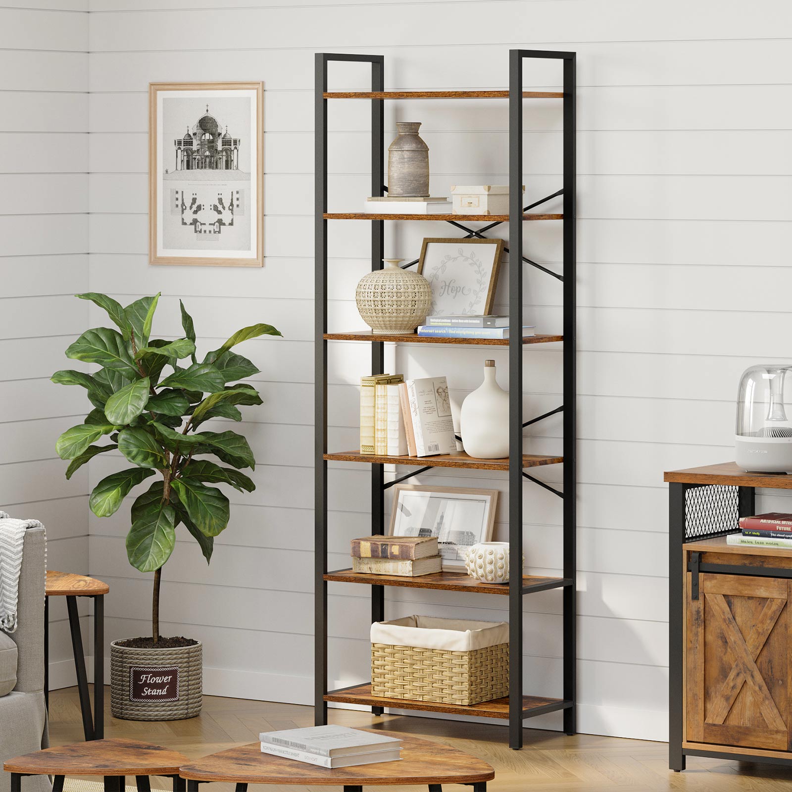 Industrial 6-Tier Bookshelf with Steel Frame - Rustic Brown, Black
