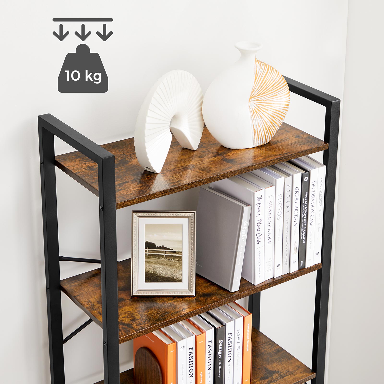 Industrial 6-Tier Bookshelf with Steel Frame - Rustic Brown, Black