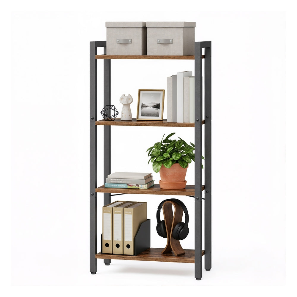 4-Tier Bookshelf - 9.4 x 15.7 x 42 Inches - Brown and Black - Rustic Brown, Black - 9.4"D x 15.7"W x 42.1"H