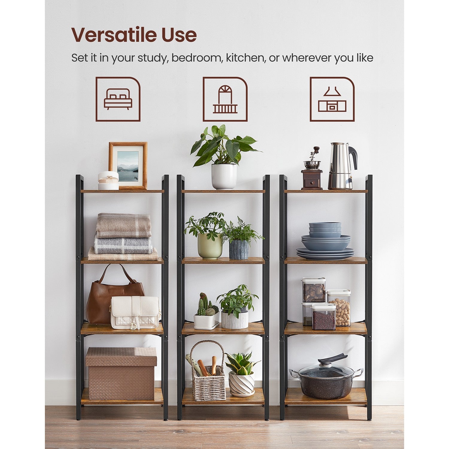 4-Tier Bookshelf - 9.4 x 15.7 x 42 Inches - Brown and Black - Rustic Brown, Black