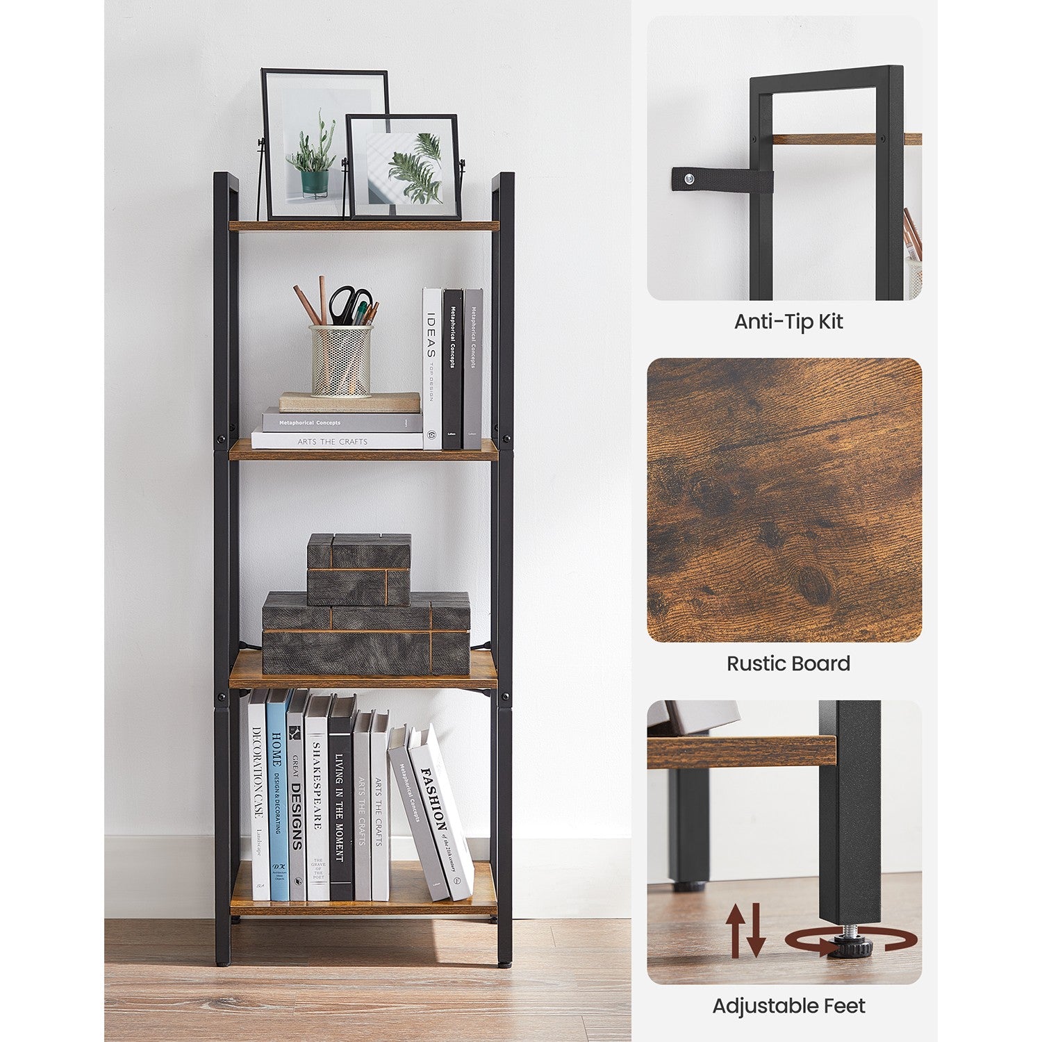 4-Tier Bookshelf - 9.4 x 15.7 x 42 Inches - Brown and Black - Rustic Brown, Black