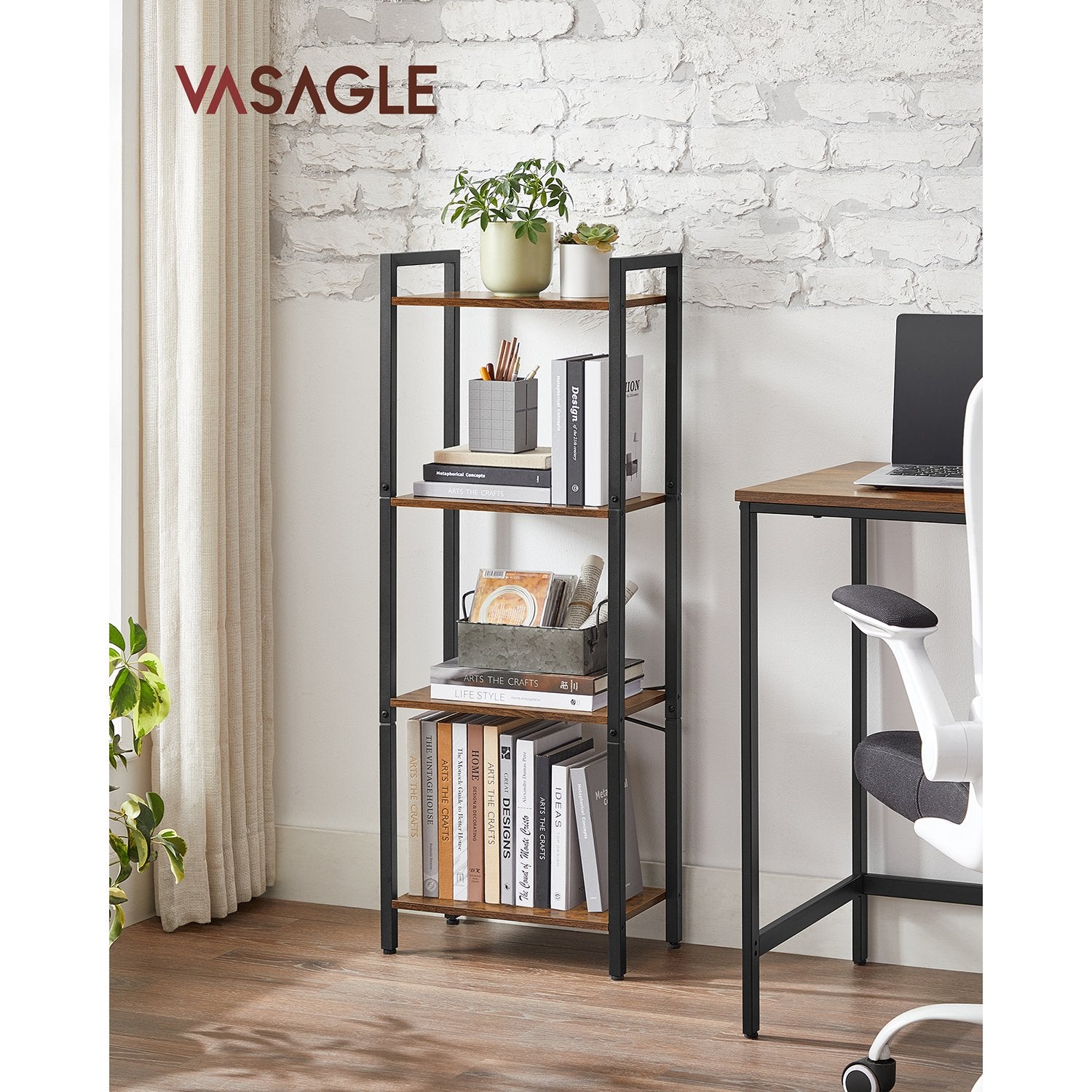 4-Tier Bookshelf - 9.4 x 15.7 x 42 Inches - Brown and Black - Rustic Brown, Black