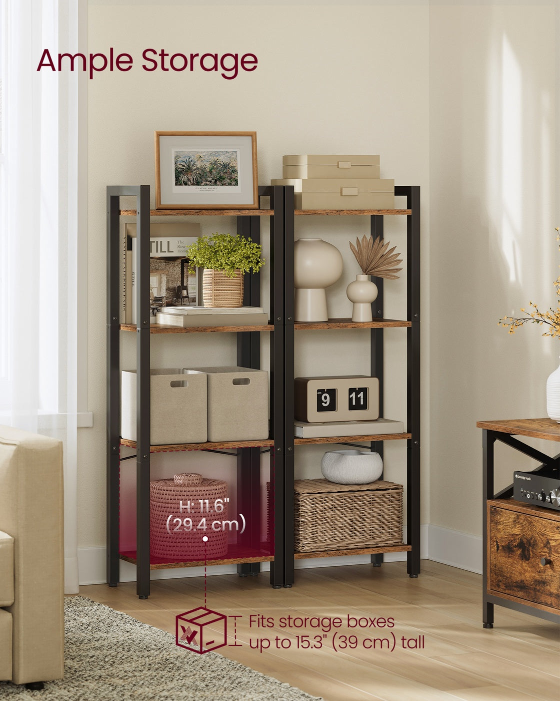 4-Tier Bookshelf - 9.4 x 15.7 x 42 Inches - Brown and Black - Rustic Brown, Black