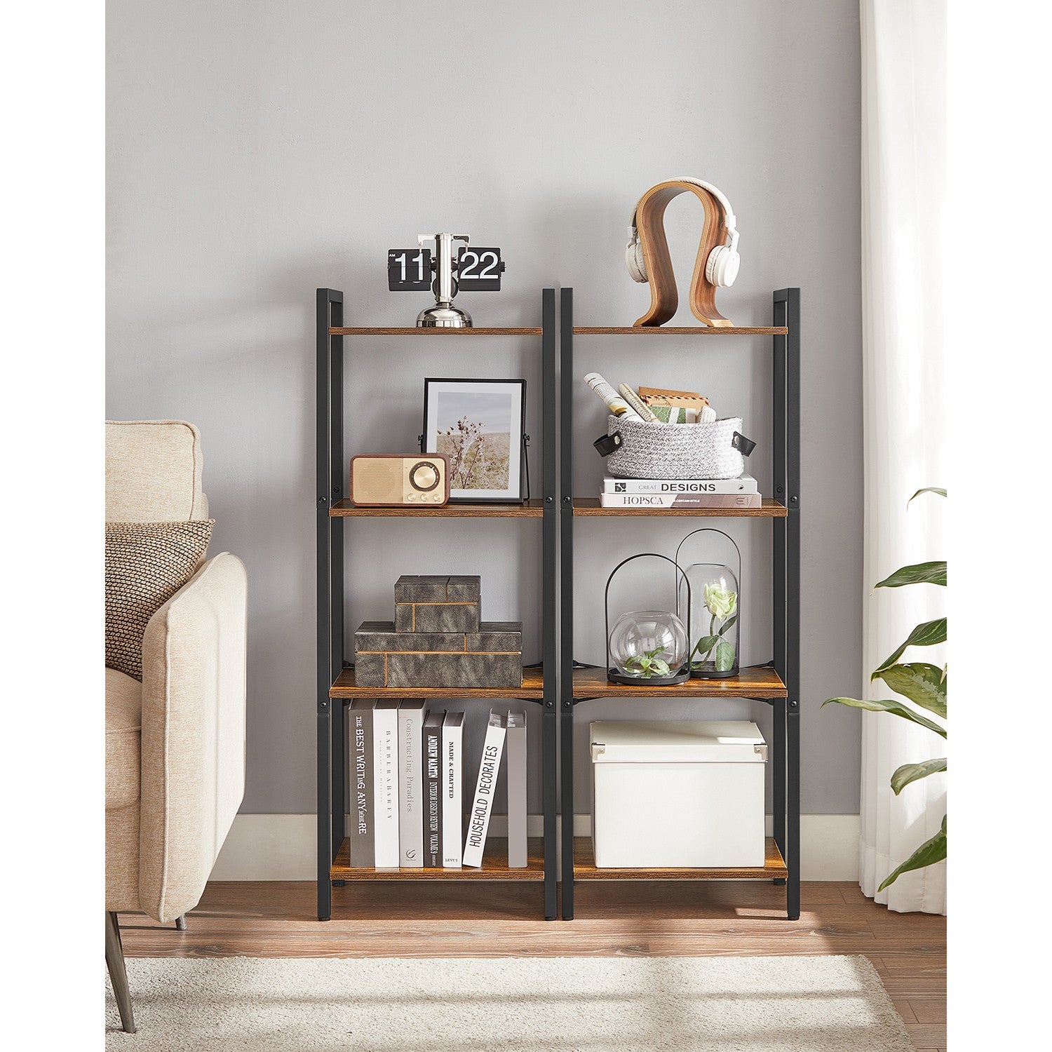 4-Tier Bookshelf - 9.4 x 15.7 x 42 Inches - Brown and Black - Rustic Brown, Black