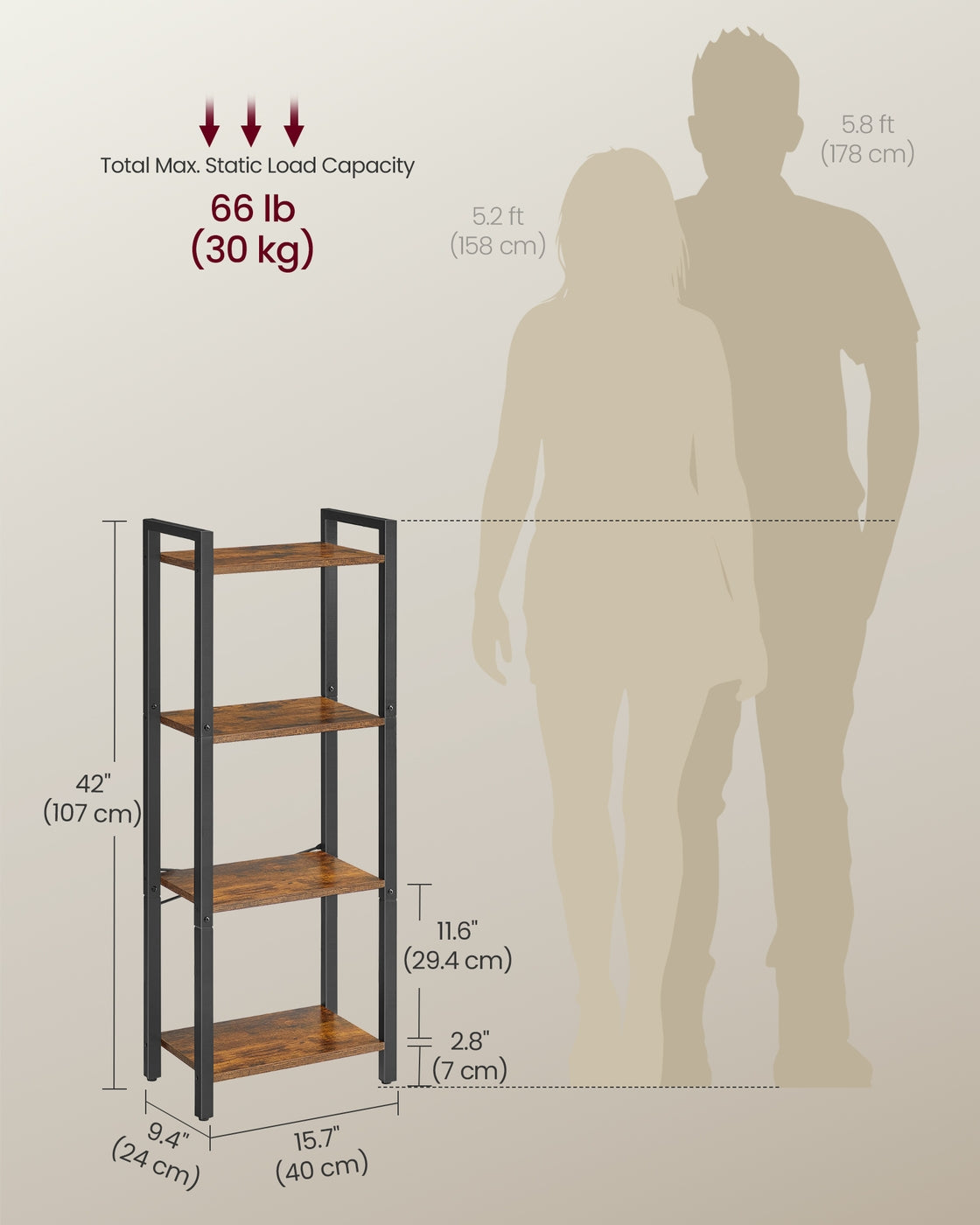 4-Tier Bookshelf - 9.4 x 15.7 x 42 Inches - Brown and Black - Rustic Brown, Black