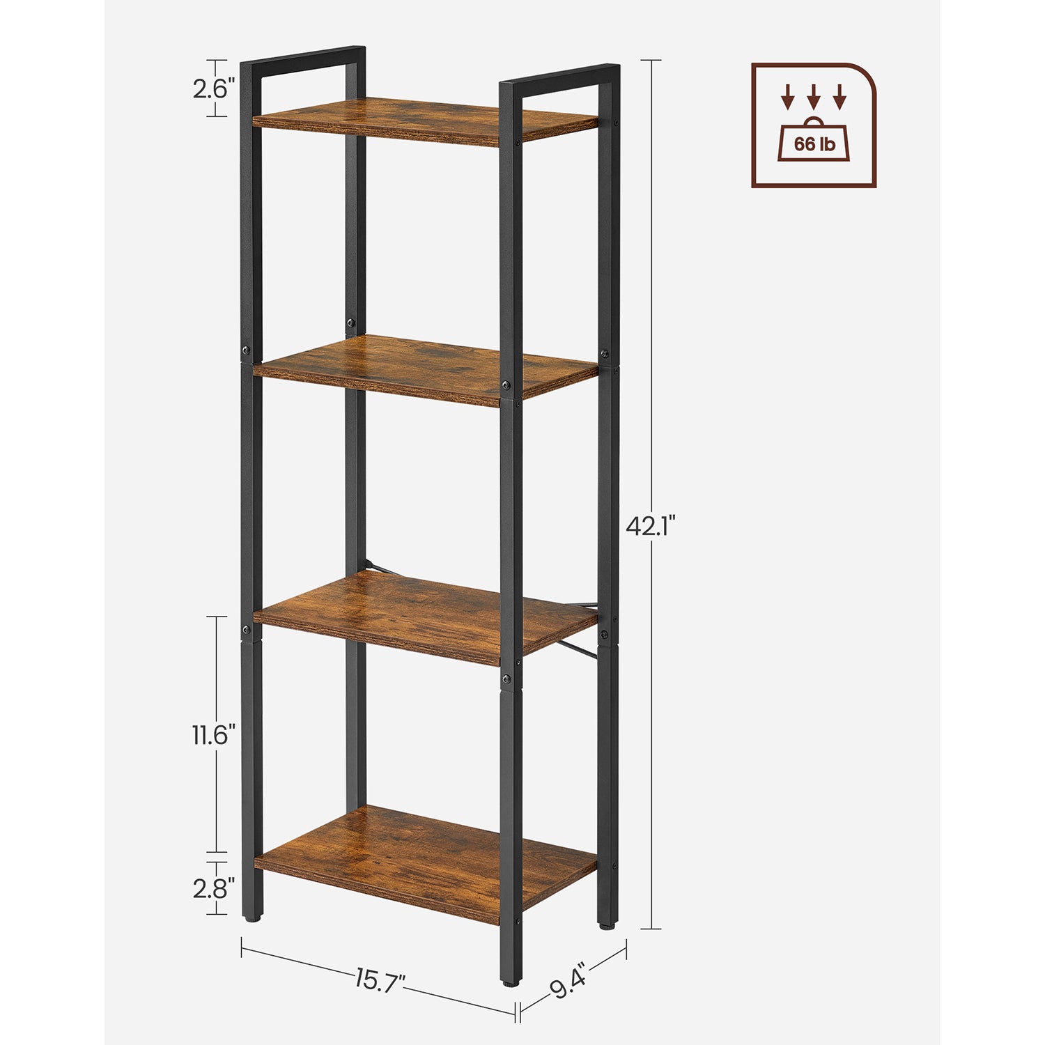 4-Tier Bookshelf - 9.4 x 15.7 x 42 Inches - Brown and Black - Rustic Brown, Black