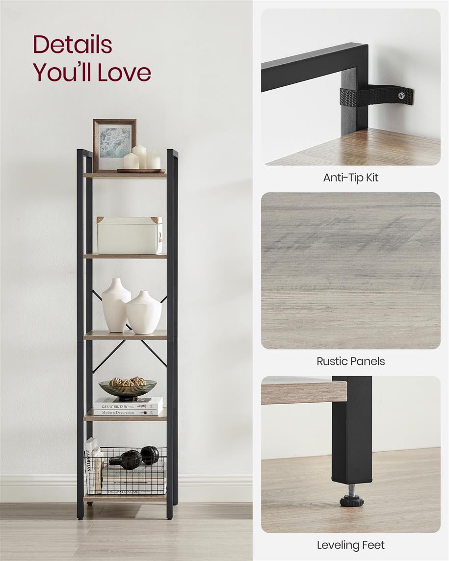 5 Tier Bookcase Storage Shelf - Rustic Brown