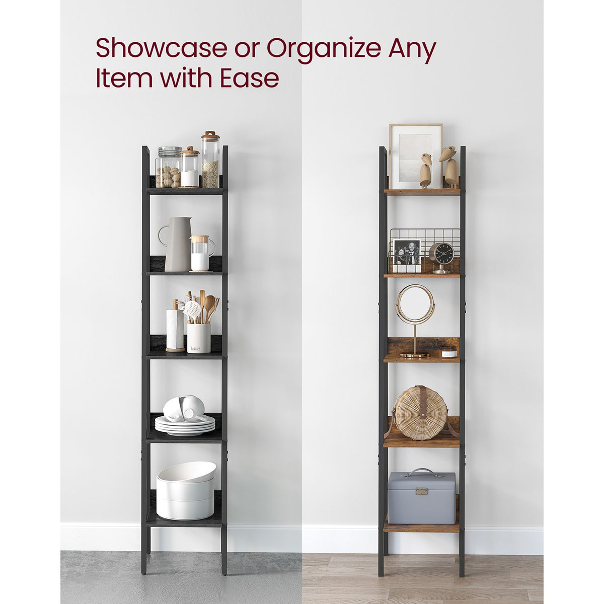 Bookcase - 5-Tier Narrow Design - Industrial Steel Frame - 67 inch