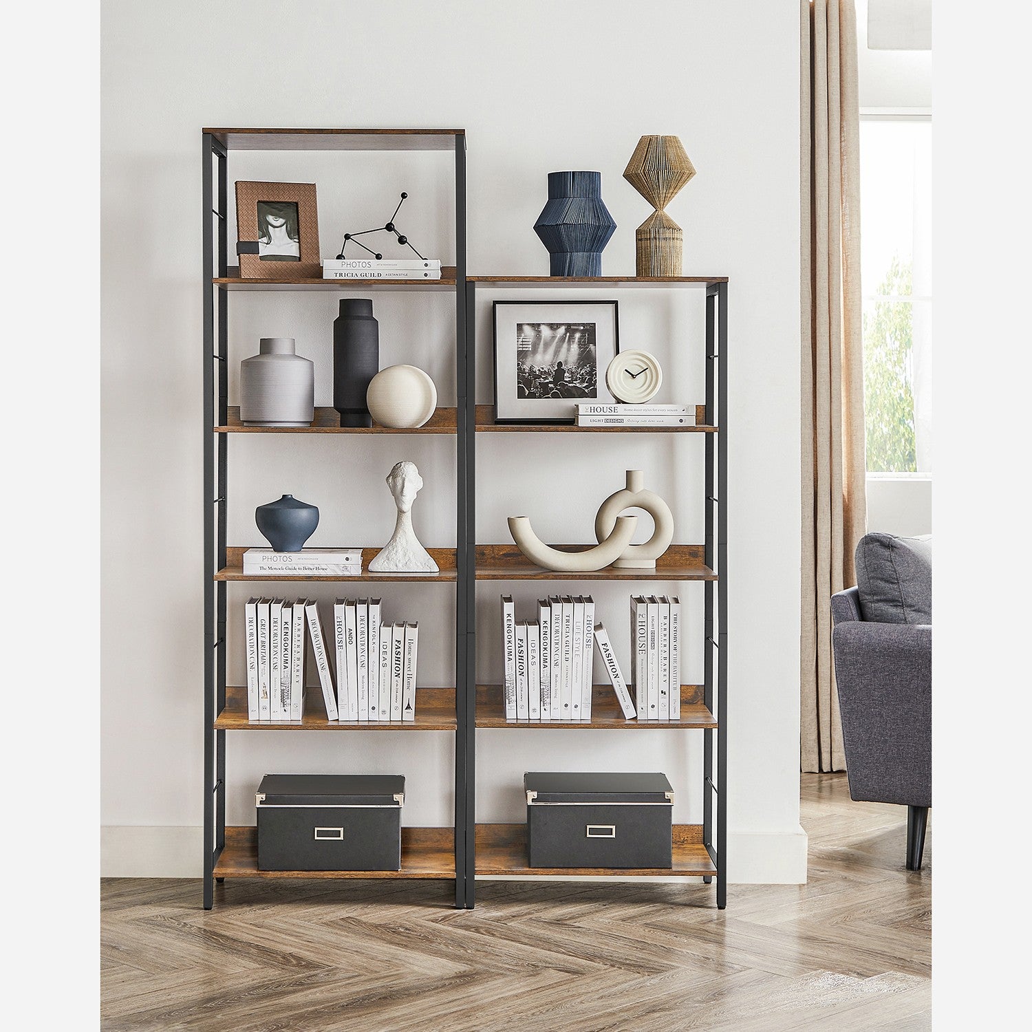 6-Tier Industrial Bookshelf - Rustic Brown, Black