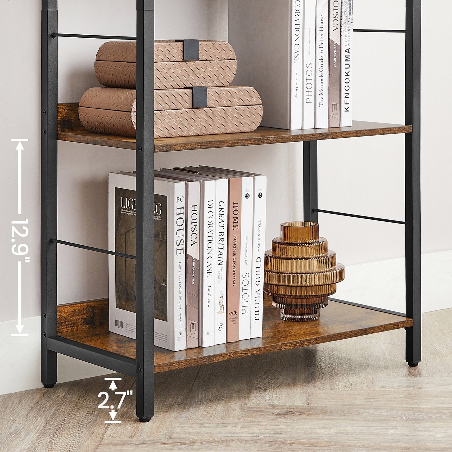 6-Tier Industrial Bookshelf - Rustic Brown, Black