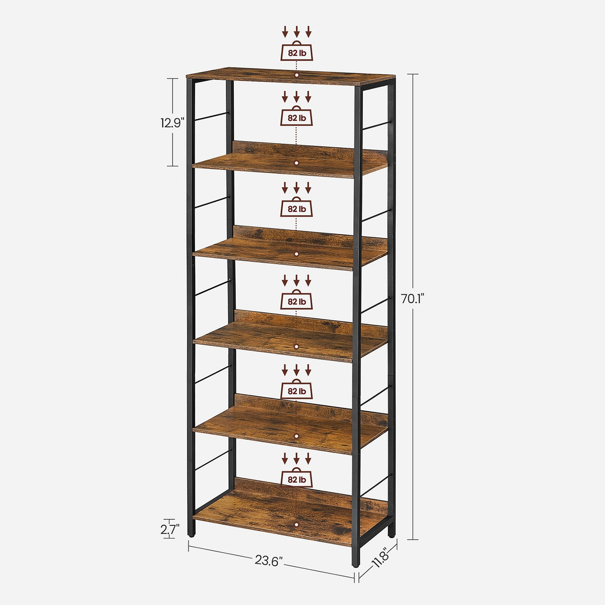 6-Tier Industrial Bookshelf - Rustic Brown, Black