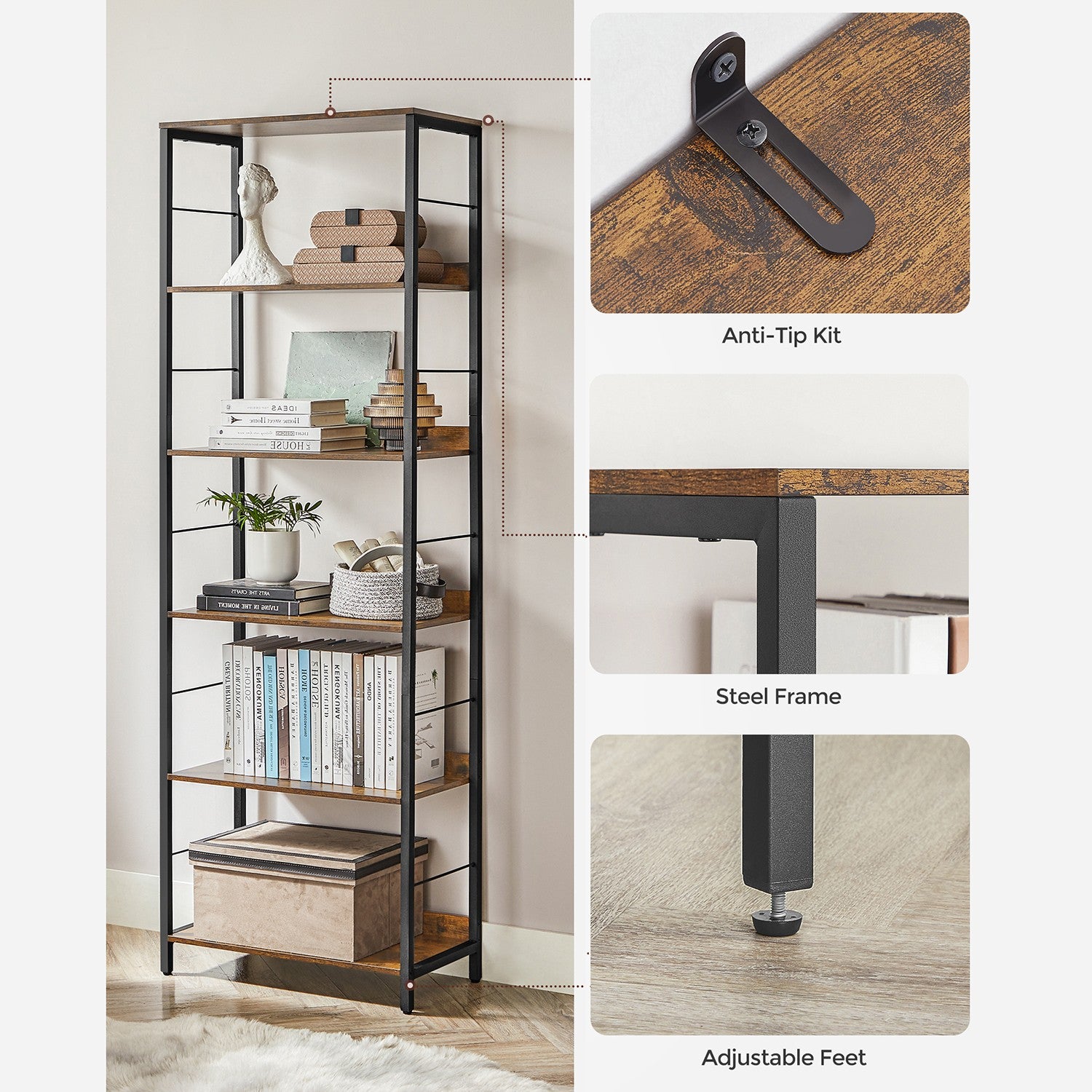 6-Tier Industrial Bookshelf - Rustic Brown, Black