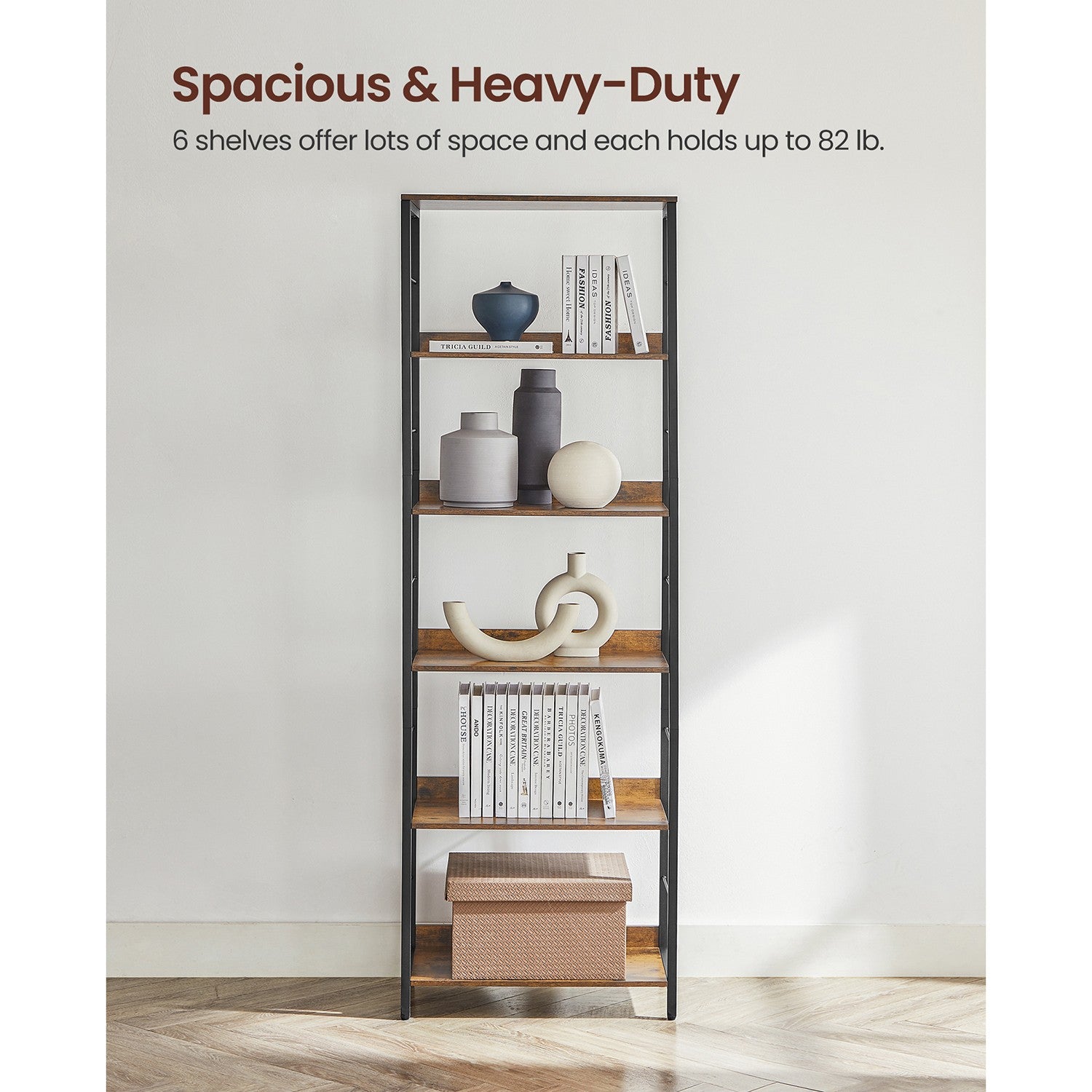 6-Tier Industrial Bookshelf - Rustic Brown, Black