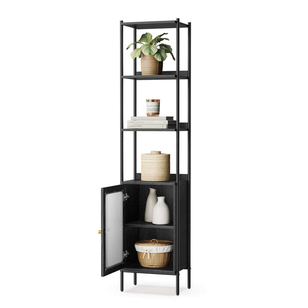 6-Tier Slim Bookshelf with PC Door - Ebony Black, Matte Black