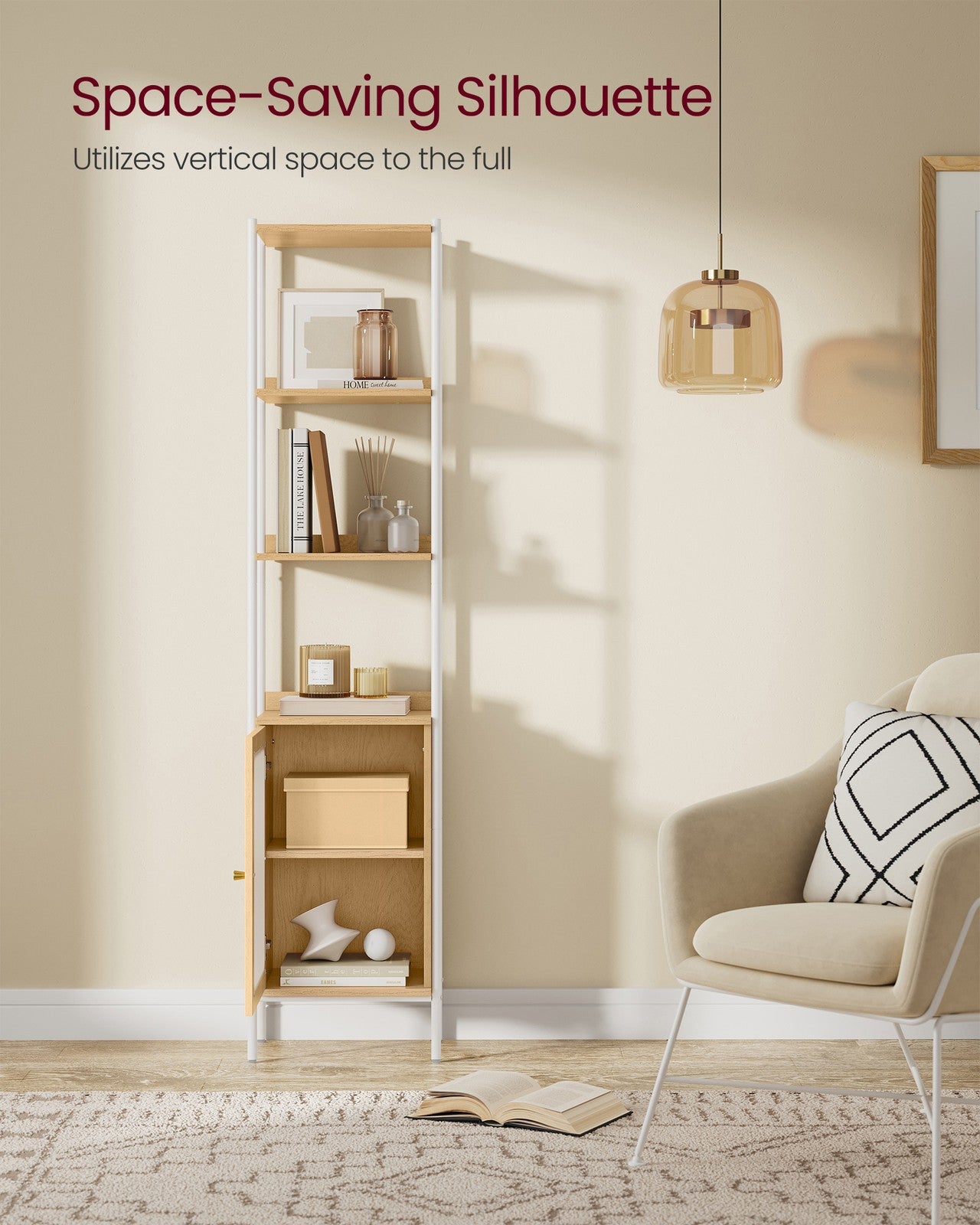 6-Tier Slim Bookshelf with PC Door - Oak Beige, Pearl White