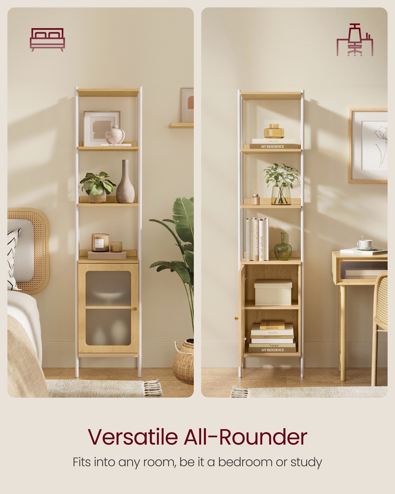6-Tier Slim Bookshelf with PC Door - Oak Beige, Pearl White