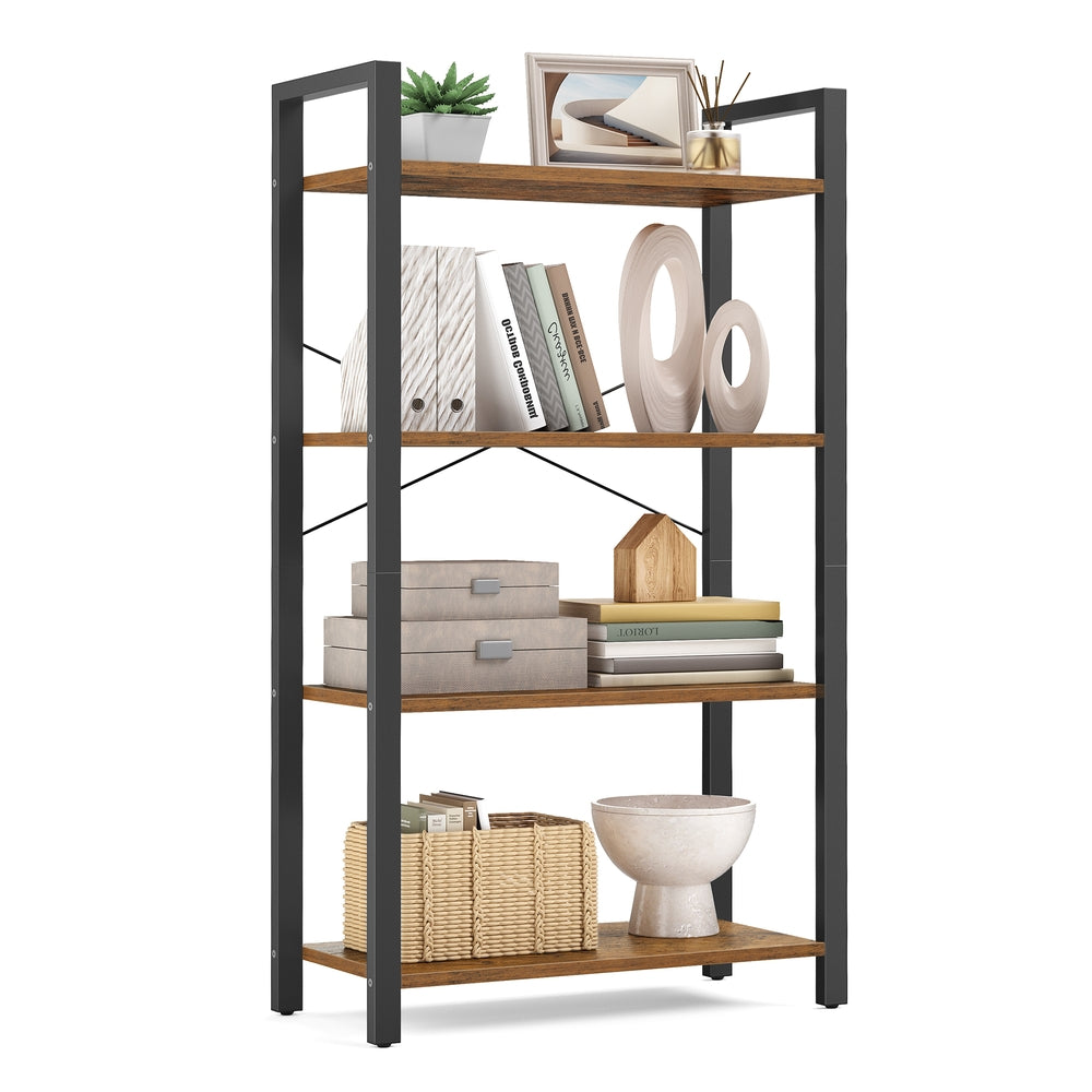4-Tier Bookcase with Steel Frame - Rustic Brown, Black