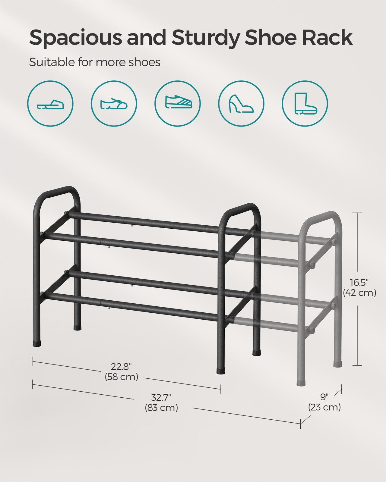 2 Tier Expandable Shoe Rack - Holds Up to 15 Pairs of Shoes - Ink Black
