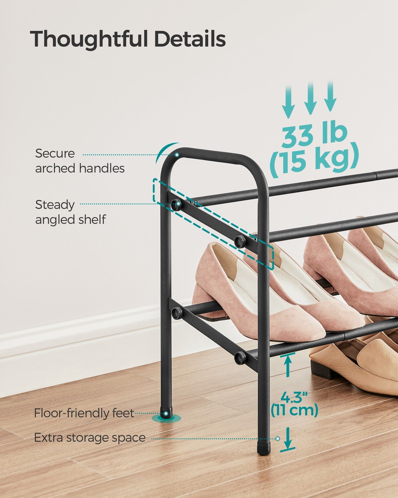 2 Tier Expandable Shoe Rack - Holds Up to 15 Pairs of Shoes - Ink Black