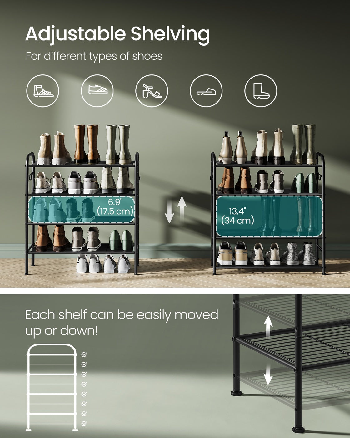 Shoe Rack 4-Tier Shoe Organizer Holds 15 Pairs of Shoes Ink Black - Ink Black