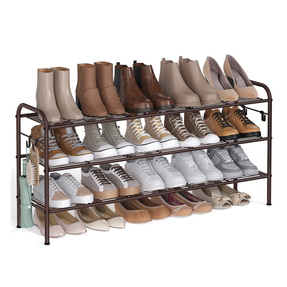 Shoe Rack 4-Tier Shoe Organizer Holds 15 Pairs of Shoes Ink Black - Chestnut Brown - 11"D x 44.9"W x 20.8"H