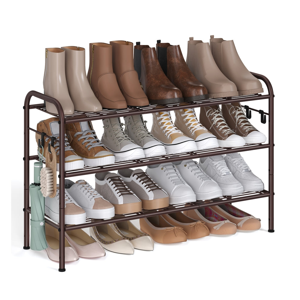 Shoe Rack 4-Tier Shoe Organizer Holds 15 Pairs of Shoes Ink Black - Chestnut Brown - 11"D x 33.5"W x 20.8"H