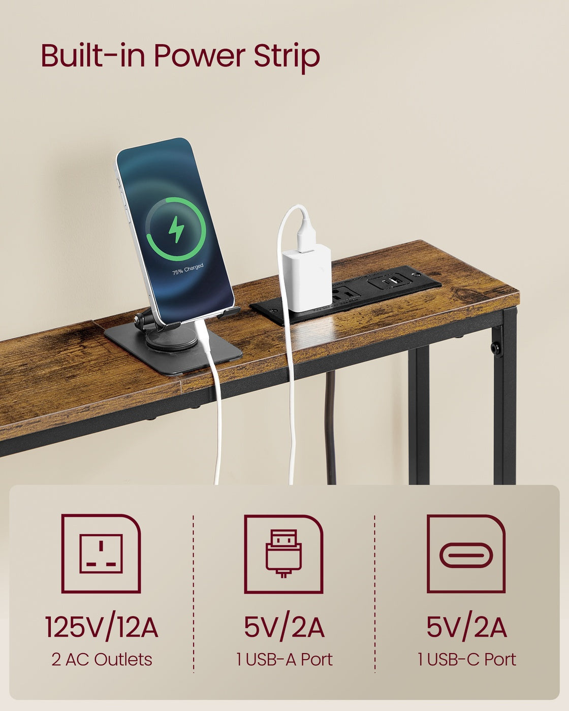 Slim Console Table with Power Outlet and Hook