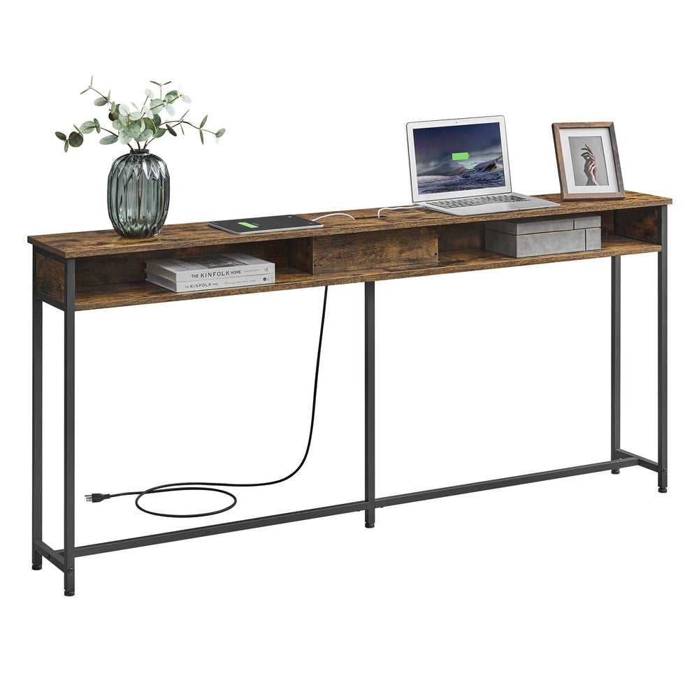 70 Inch Console Table with Outlet and Shelves - Rustic Brown, Black