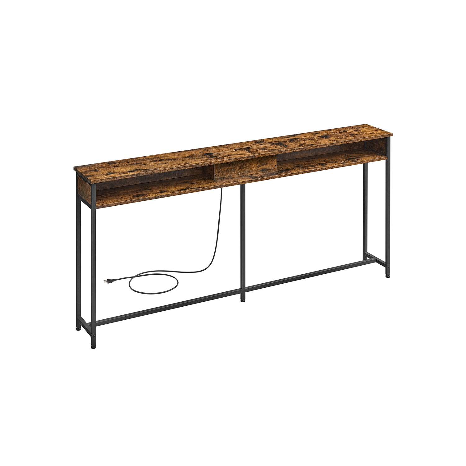 70 Inch Console Table with Outlet and Shelves - Rustic Brown, Black