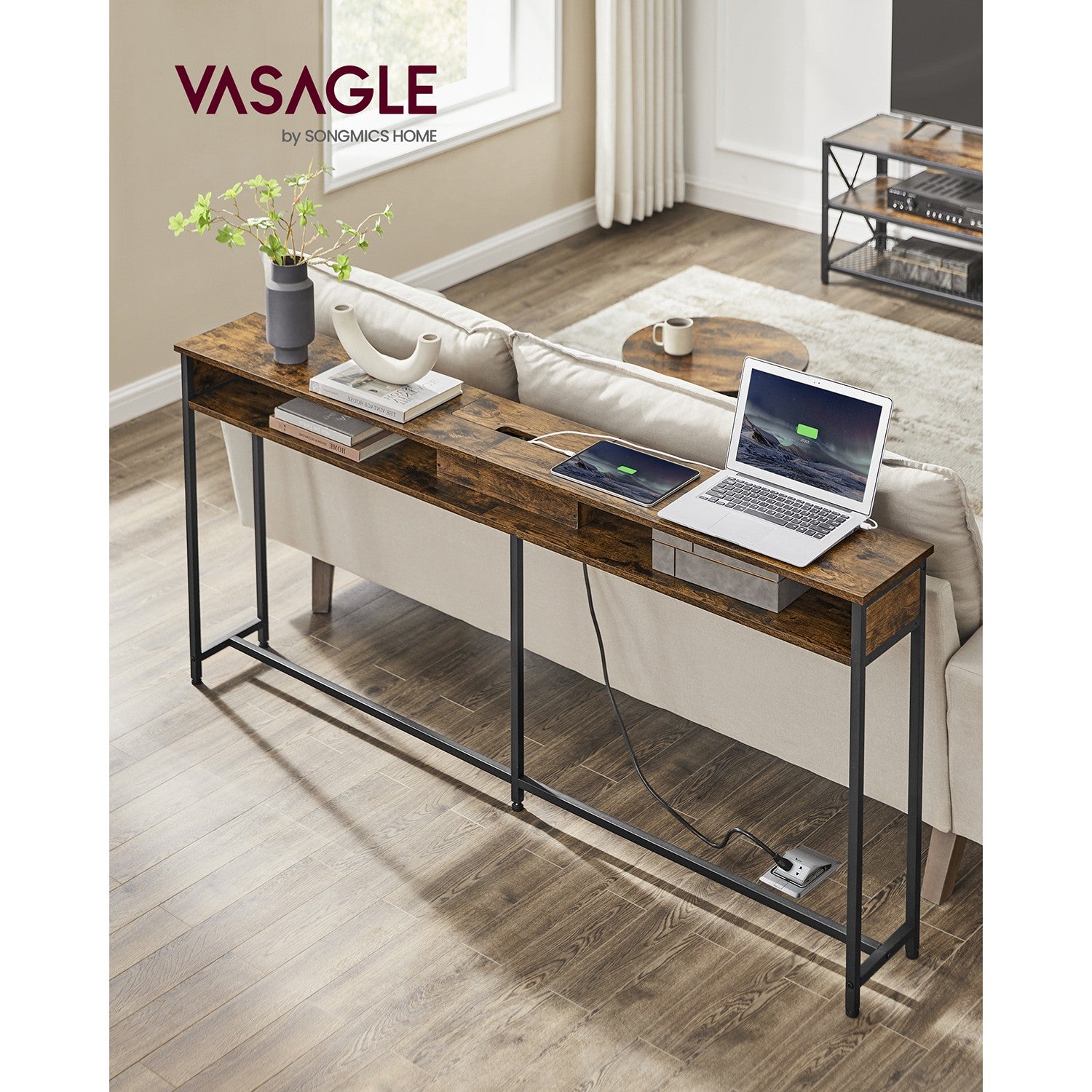 70 Inch Console Table with Outlet and Shelves - Rustic Brown, Black
