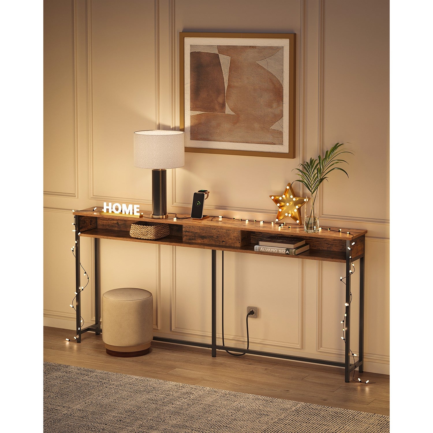 70 Inch Console Table with Outlet and Shelves - Rustic Brown, Black