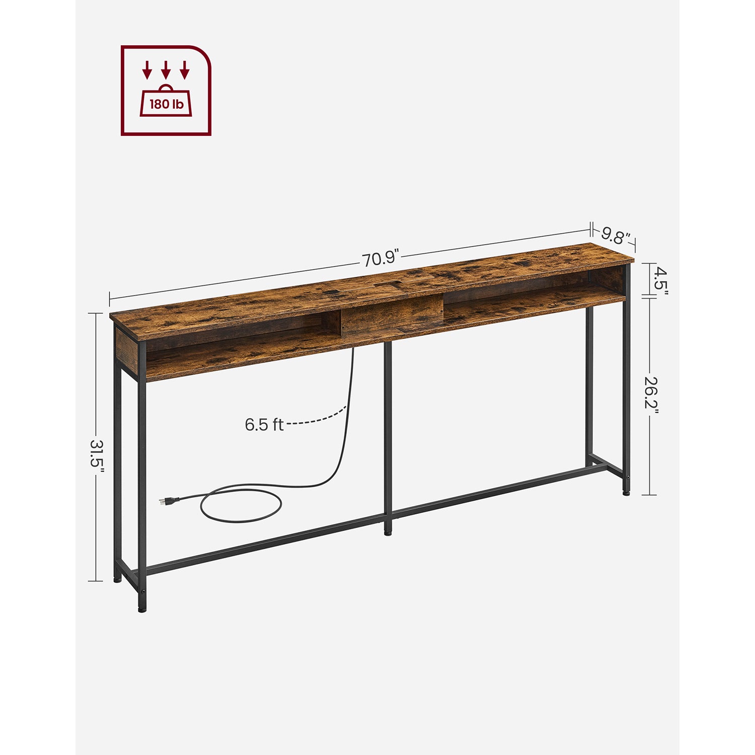 70 Inch Console Table with Outlet and Shelves - Rustic Brown, Black