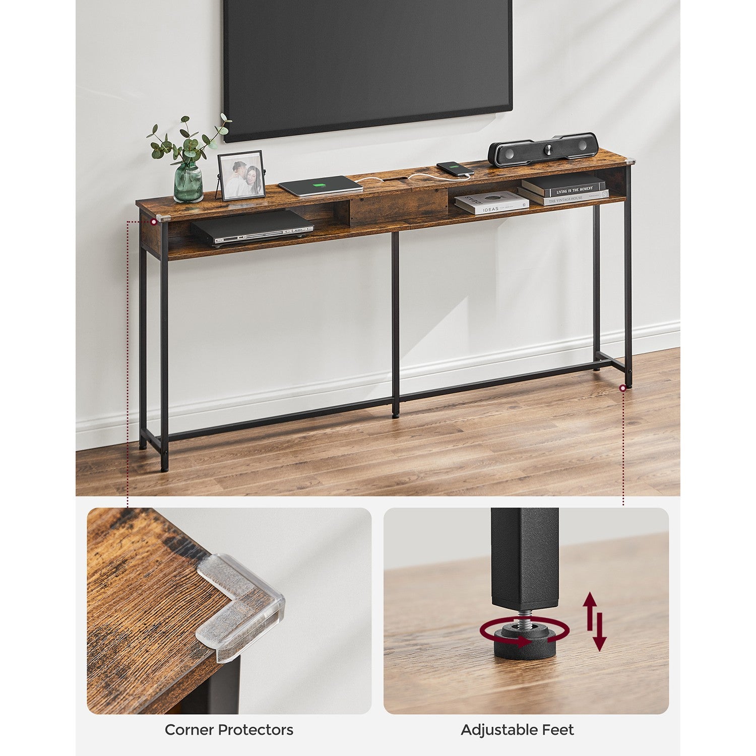 70 Inch Console Table with Outlet and Shelves - Rustic Brown, Black