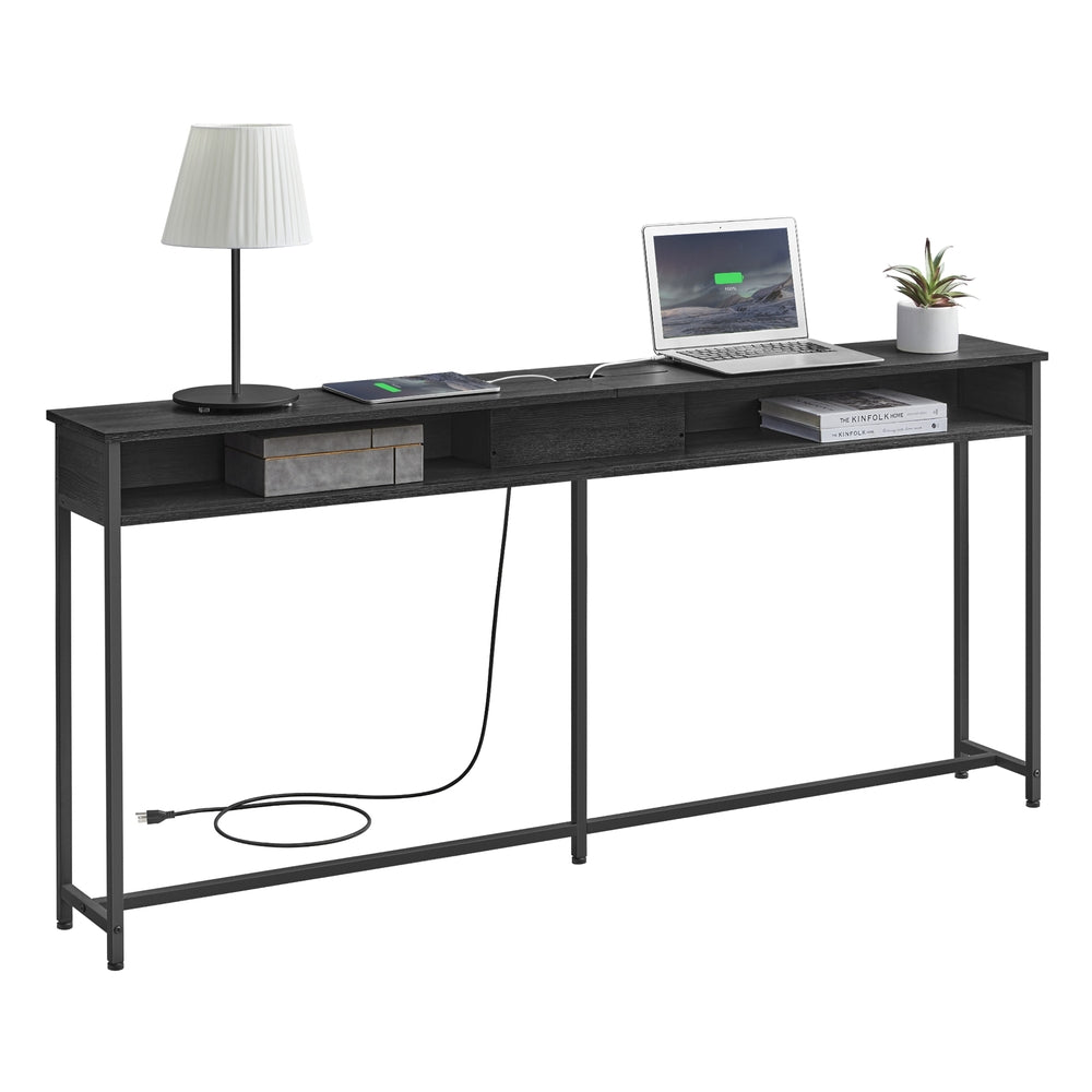 70 Inch Console Table with Outlet and Shelves - Black