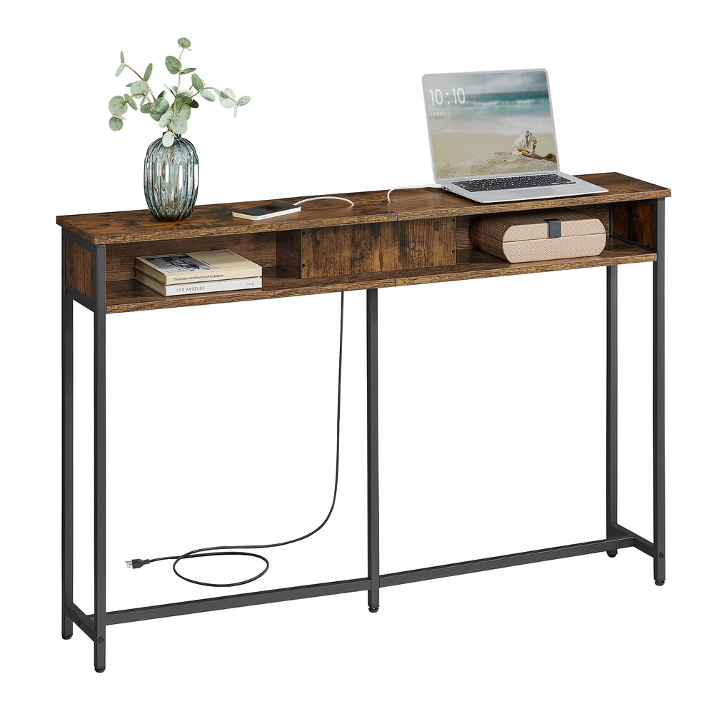 70 Inch Console Table with Outlet and Shelves - Rustic Brown, Ink Black