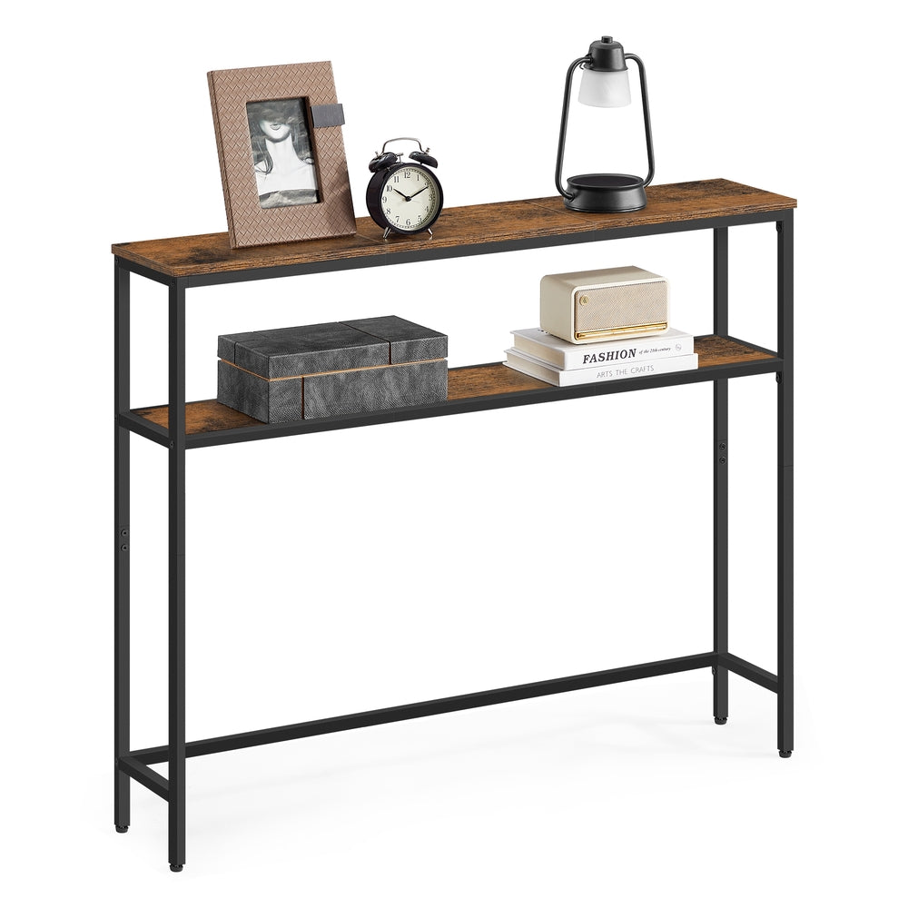 2-Tier Console Table with 2 Shelves - Rustic Brown, Ink Black - 7.9"D x 39.4"W x 31.5"H
