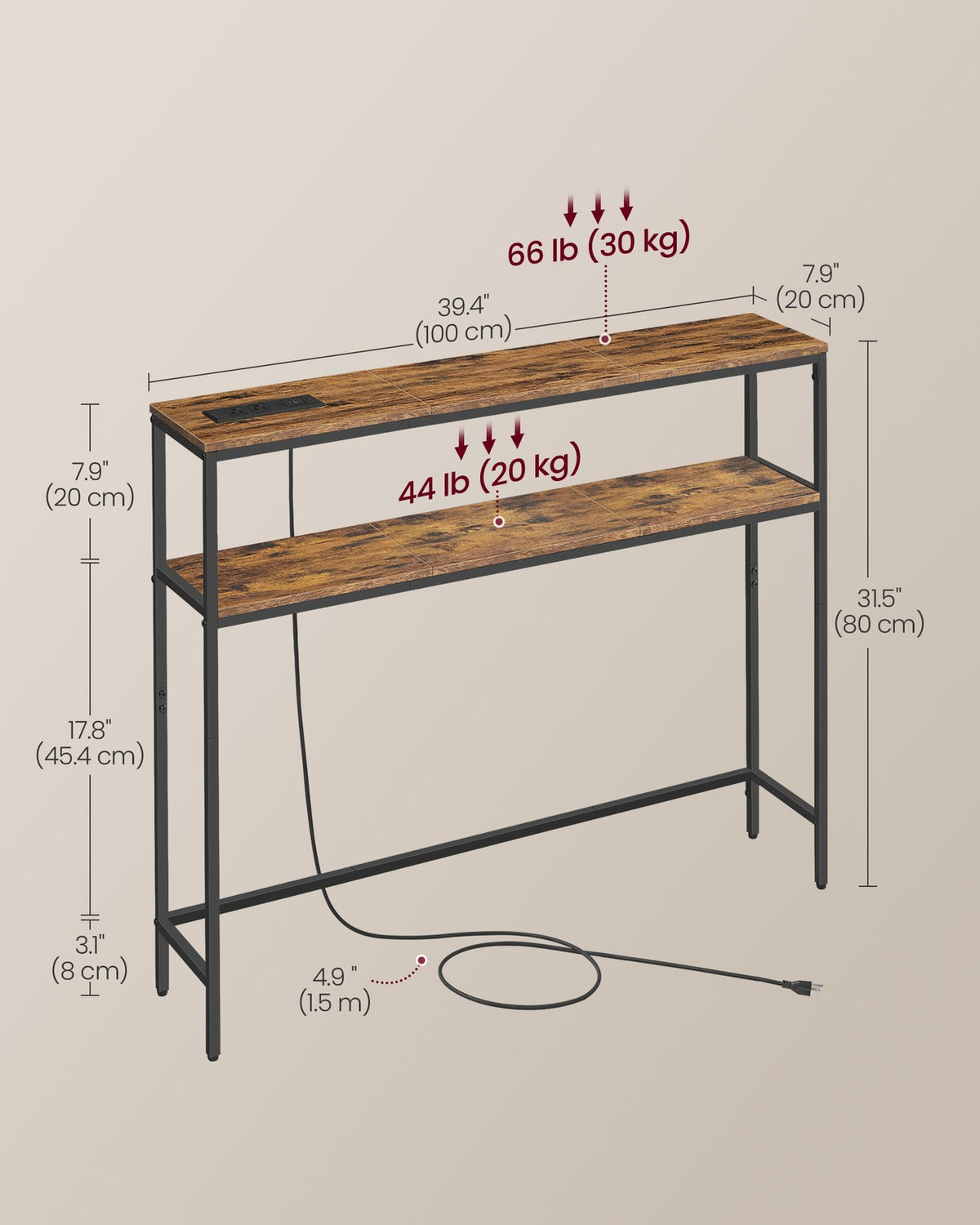 Console Table with Power Outlet - 2-Tier Narrow Sofa Table with 2 Shelves