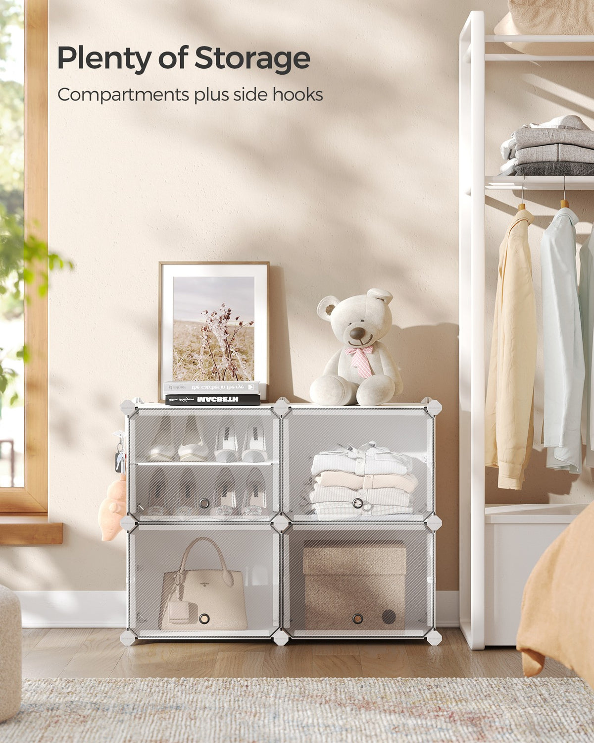 4-Cube Plastic Shoe Rack with Doors - Holds Up to 16 Pair of Shoes - White