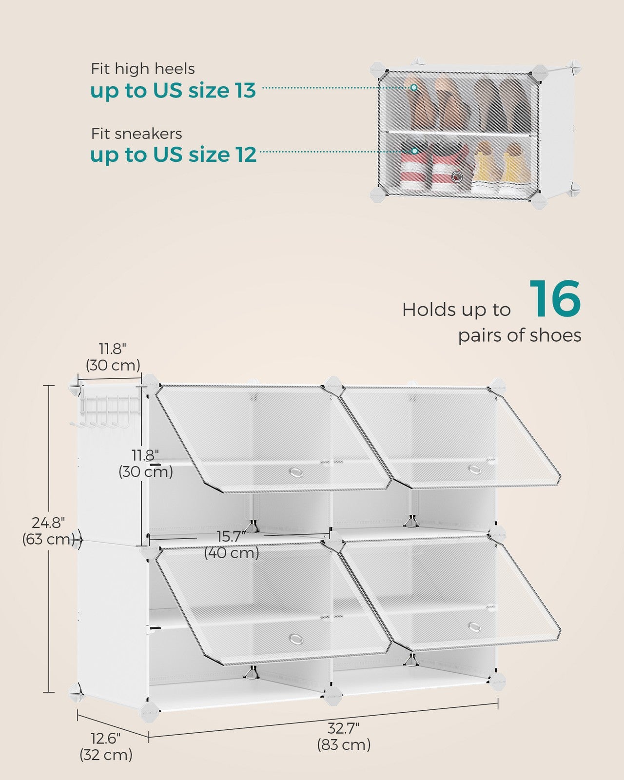 4-Cube Plastic Shoe Rack with Doors - Holds Up to 16 Pair of Shoes - White