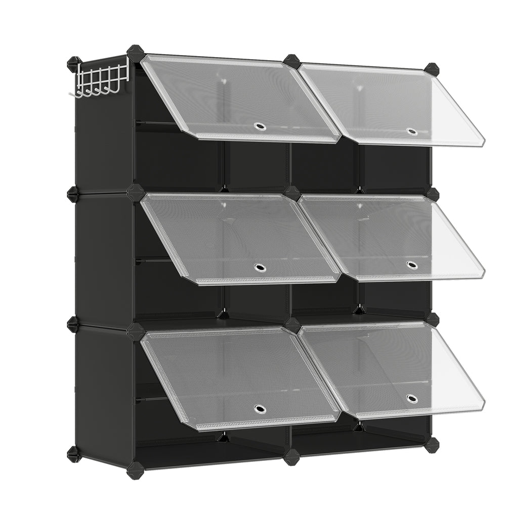 4-Cube Plastic Shoe Rack with Doors - Holds Up to 16 Pair of Shoes - Black