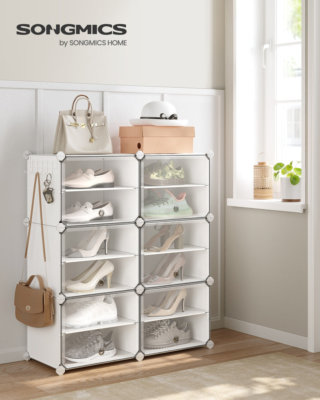 Plastic Shoe Rack - 4-Cube with Doors - Holds 16 Pairs of Shoes