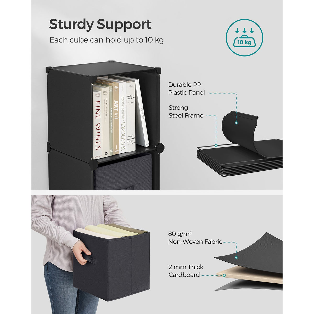 Cube Storage Organizer with Storage Boxes - Set of 6 - Black, Gray