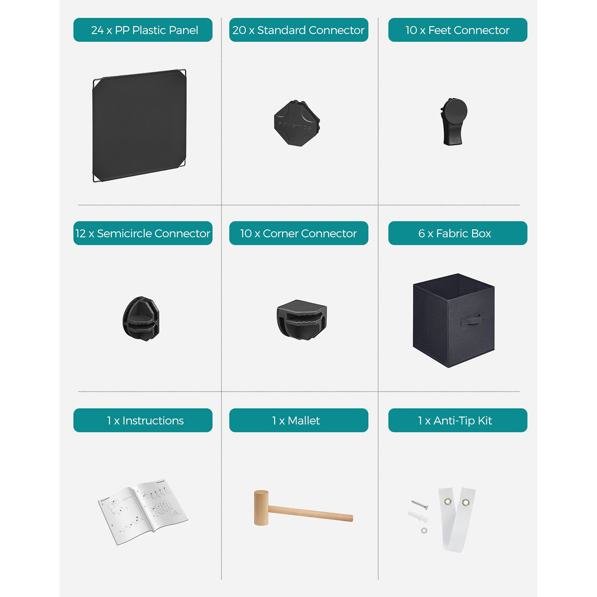 Cube Storage Organizer with Storage Boxes - Set of 6 - Black, Gray