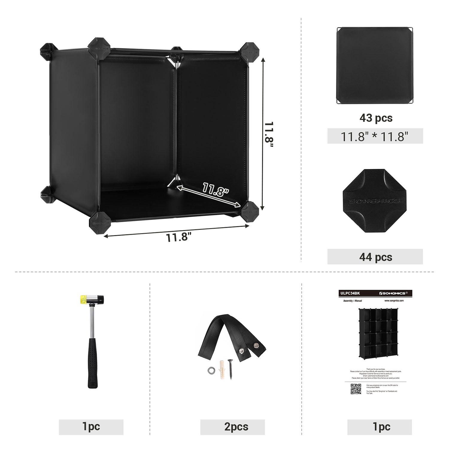 Set of 12 Plastic Cubes Storage Organizer - Black
