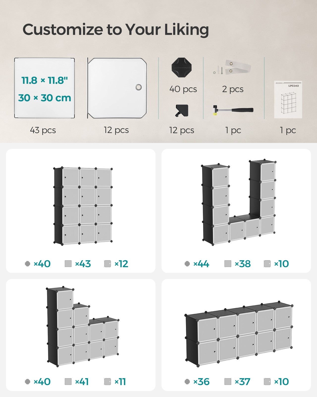 Cube Storage with Door - Set of 12 Plastic Cubes - Gray