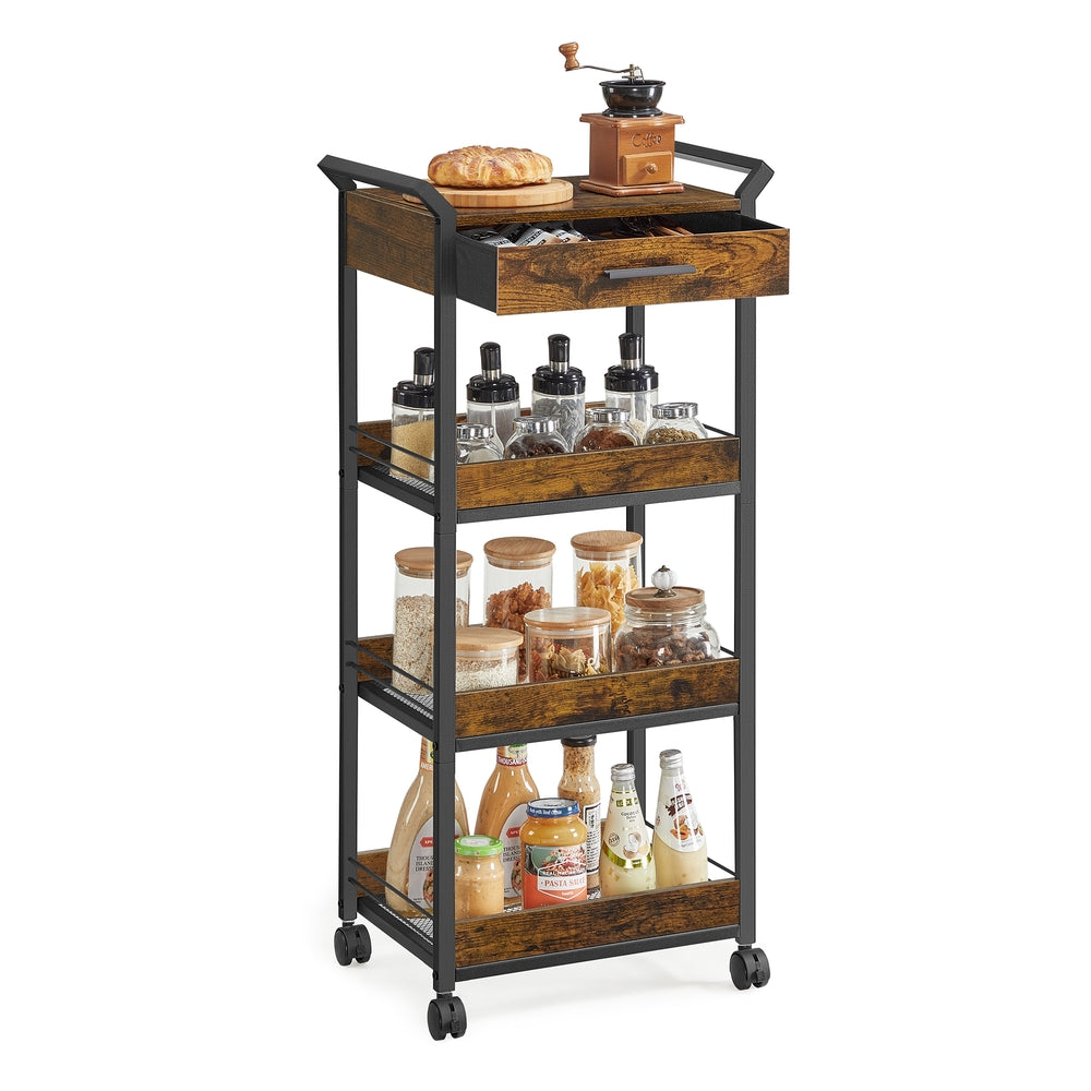 Storage Cart - 3-Tier Rolling - Rustic Brown and Black - Rustic Brown, Ink Black - 11.8"D x 18.2"W x 37.8"H